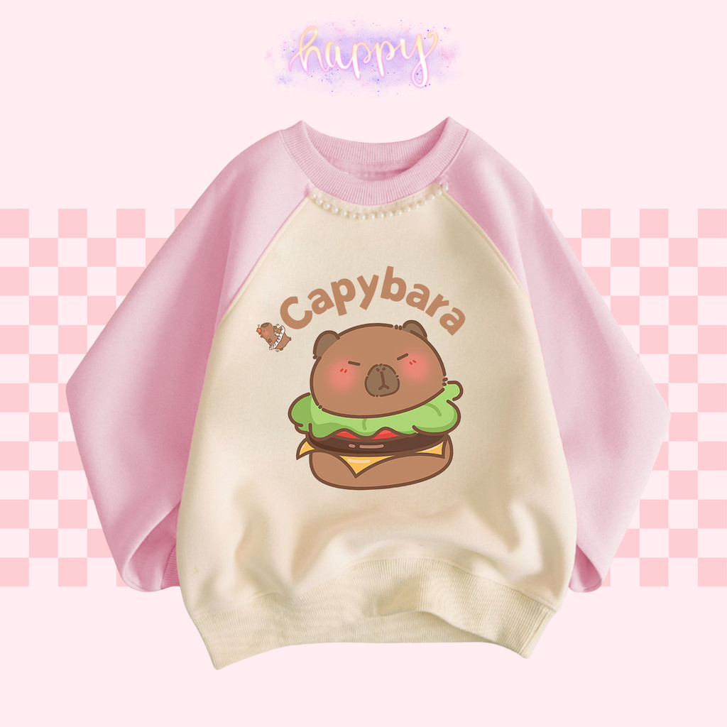 สาว Capybara OVERSIZE เทอร์รี่ฝรั่งเศสน่ารัก Contrast Pearl สี Tops ใหม่ฤดูใบไม้ร่วงเด็กเสื้อผ้าอเนกประสงค์