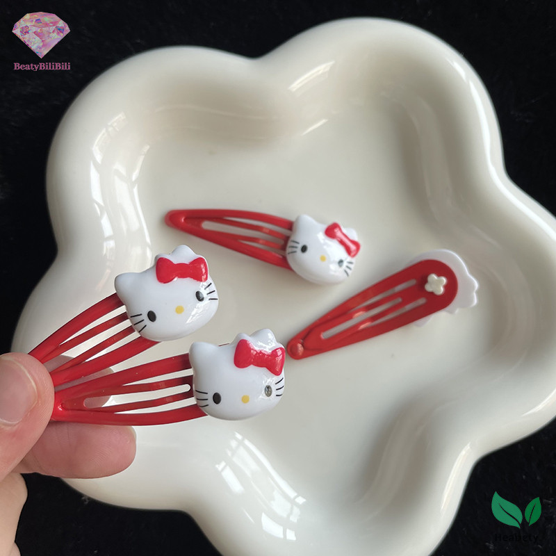 Heabety 1 ชิ้น Kawaii Hello Kitty Hairpin น่ารักการ์ตูน KT กิ๊บติดผมสีแดง Bang คลิปสําหรับสาวหวาน Y2k อุปกรณ์เสริมผมใหม่