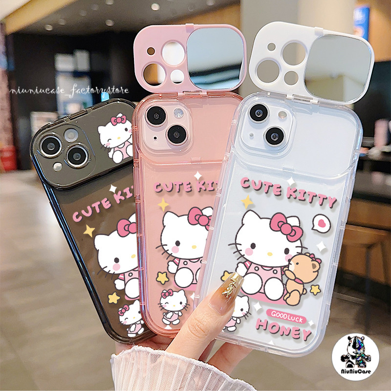 🔥ส่งจากไทย🔥น่ารักสีสันสดใสพร้อมกระจกแต่งหน้าสำหรับ iPhone 11 15 14 13 12 Pro MAX 7 8 14 Plus XR X XS MAX เคส Cartoon Cat