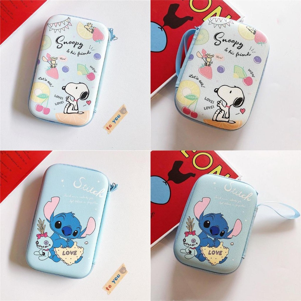 น่ารัก Stitch PU กระเป๋ากระเป๋าซิป Electronics Cable Carrying Case สําหรับเครื่องประดับกล้อง HDD Bag Charger power bank