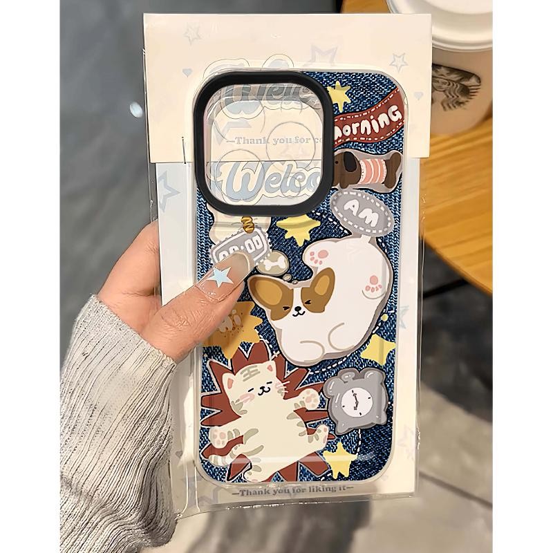 Ins Denim Tiger Puppy Softโปร่งใสกรณีAnti-FallสําหรับiPhone 16 Promax 15 Promax 12 13 Mini 14plus 11 Pro Max X XS XR XS Max 7 8 plus Se2020 6G 6Plus