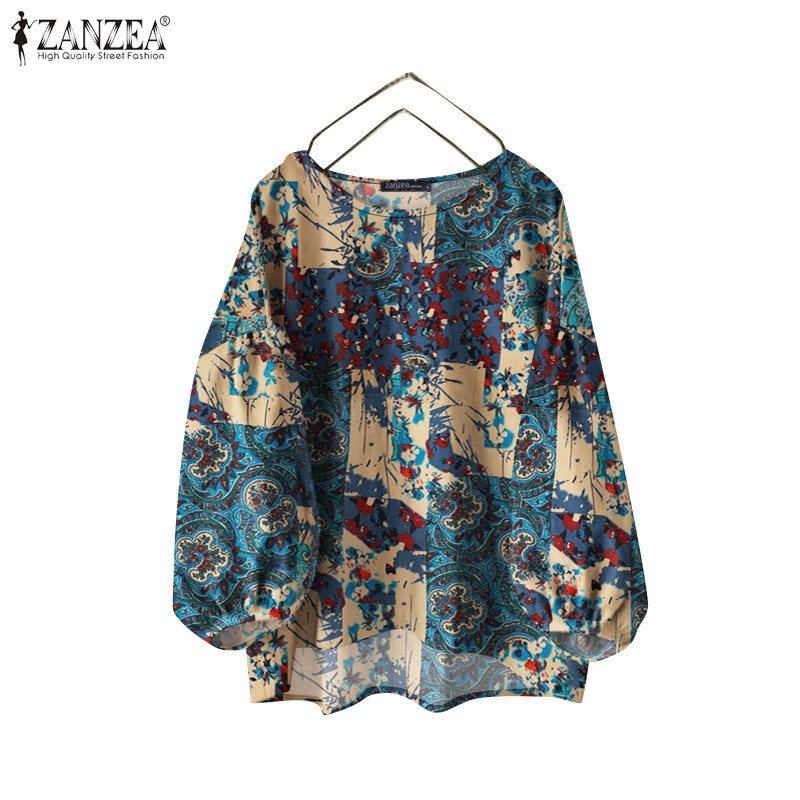 Zanzea เสื้อเบลาส์คอกลมพิมพ์ลายดอกไม้แขนเก้าส่วนสําหรับผู้หญิงวันหยุดเกาหลี