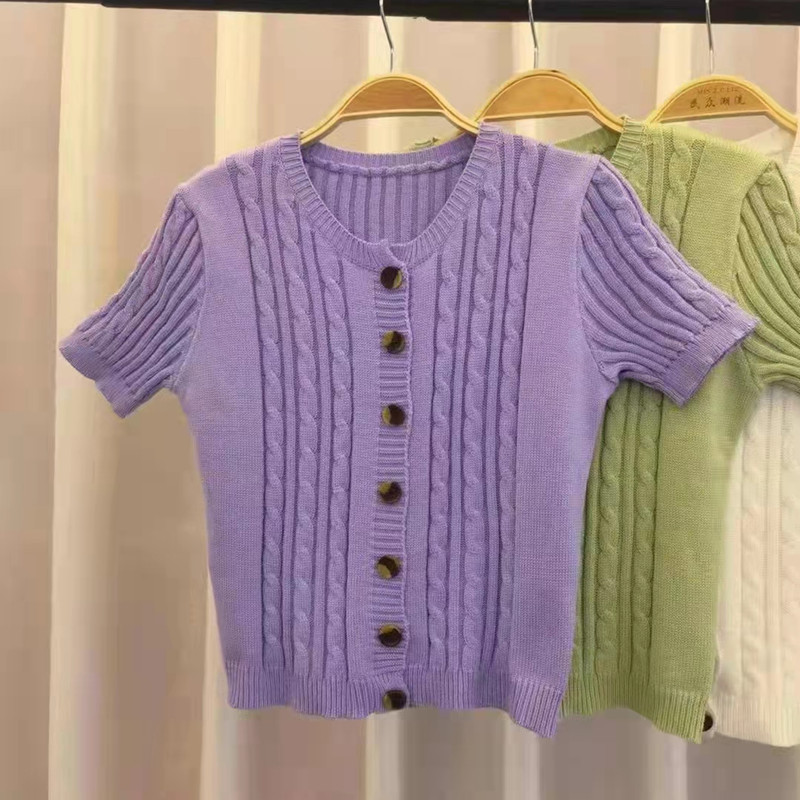 Are U Shop เสื้อคาร์ดิแกนถักแขนสั้นผู้หญิงฤดูใบไม้ผลิสไตล์เกาหลีนุ่มและบางด้วยการออกแบบฐานด้านในฉันจ