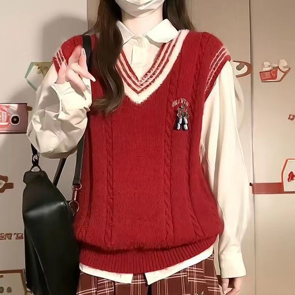 ชุดเสื้อกั๊ก เตรียมใจ หวานวินเทจหลวมถักเสื้อกั๊กเสื้อกั๊กเสื้อกันหนาวผู้หญิงนักเรียน + เสื้อแขนยาวชุด