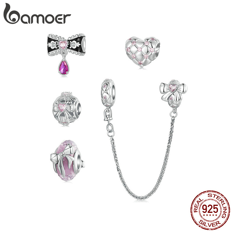 BAMOER บามอส 925เงินสเตอร์ลิงเสน่ห์ผีเสื้อสีชมพูโบว์รักลูกปัดจี้อุปกรณ์เสริมชุดเครื่องประดับของขวัญสําหรับผู้หญิง.