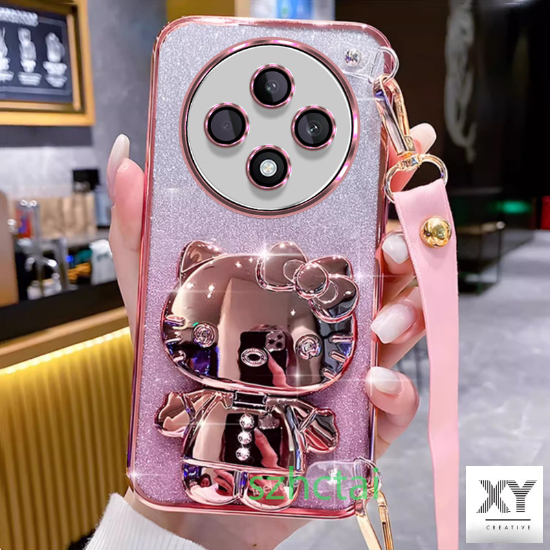 เคส แวววาว OPPO Reno 12F 12 Pro 5G 11F 5G 11 Pro 10 Pro 5G สายรัดข้อมือยาวสไตล์เคสโทรศัพท์แบบนุ่มปลอกปลอกคิตตี้ตัวยึดแมวพร้อมกระจก เคสโทรศัพท์ OPPO Reno 12F 12 Pro 5G 11F 5G 11 Pro 10 Pro 5G