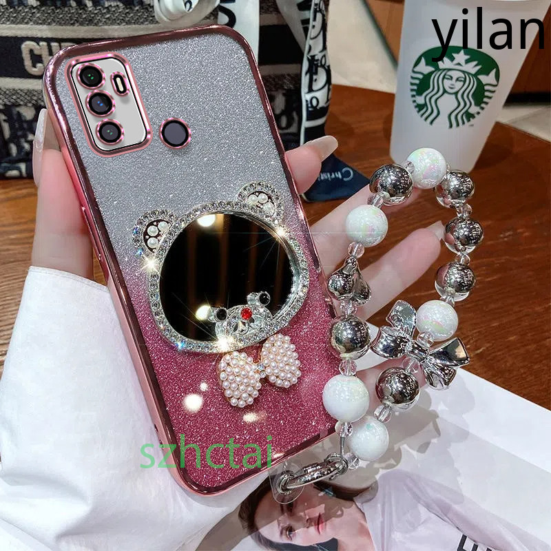 เคสโทรศัพท์ แวววาว OPPO A53 2020 A33 2020 กระจกแต่งหน้าหูหมีเพชรหรูหราพร้อมเชือกเส้นเล็ก เคส OPPO A53 2020 A33 2020