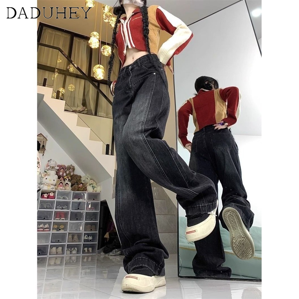 DaDuHey2026 2026 New Summer Black Gray High Waist Loose Drooping Straight Jeans Women's American High Street Retro Washed Distressed All-Matching Wide Leg Jeans - รูปที่ 6