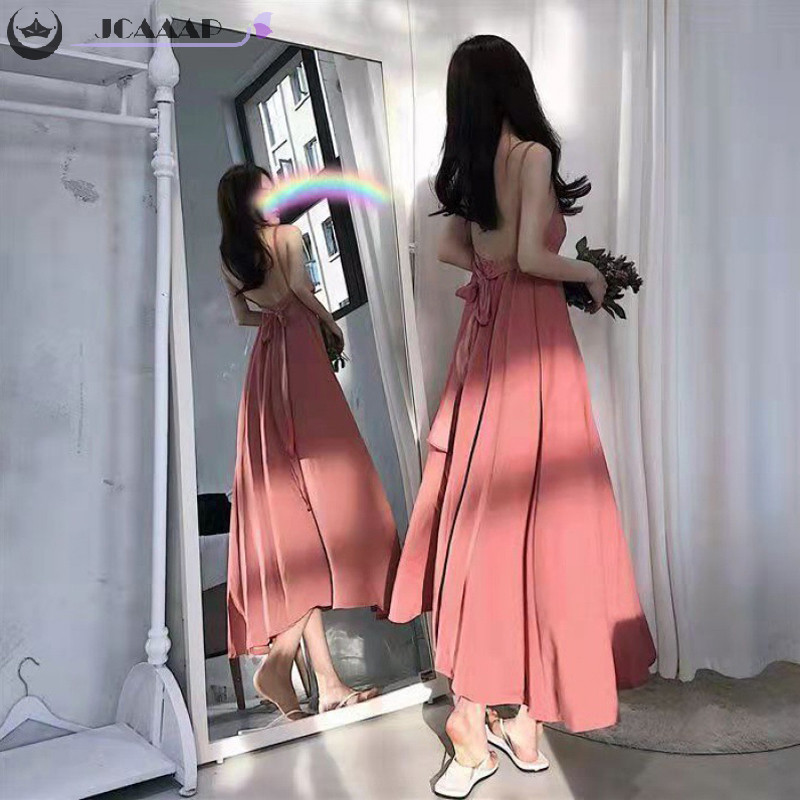 Ming ใหม่ ชุดเดรสยาว สายสปาเก็ตตี้ เปิดหลัง ทรงเอ สีพื้น สไตล์เรโทร เรียบง่าย แฟชั่นฤดูร้อน สําหรับสตรี 2023