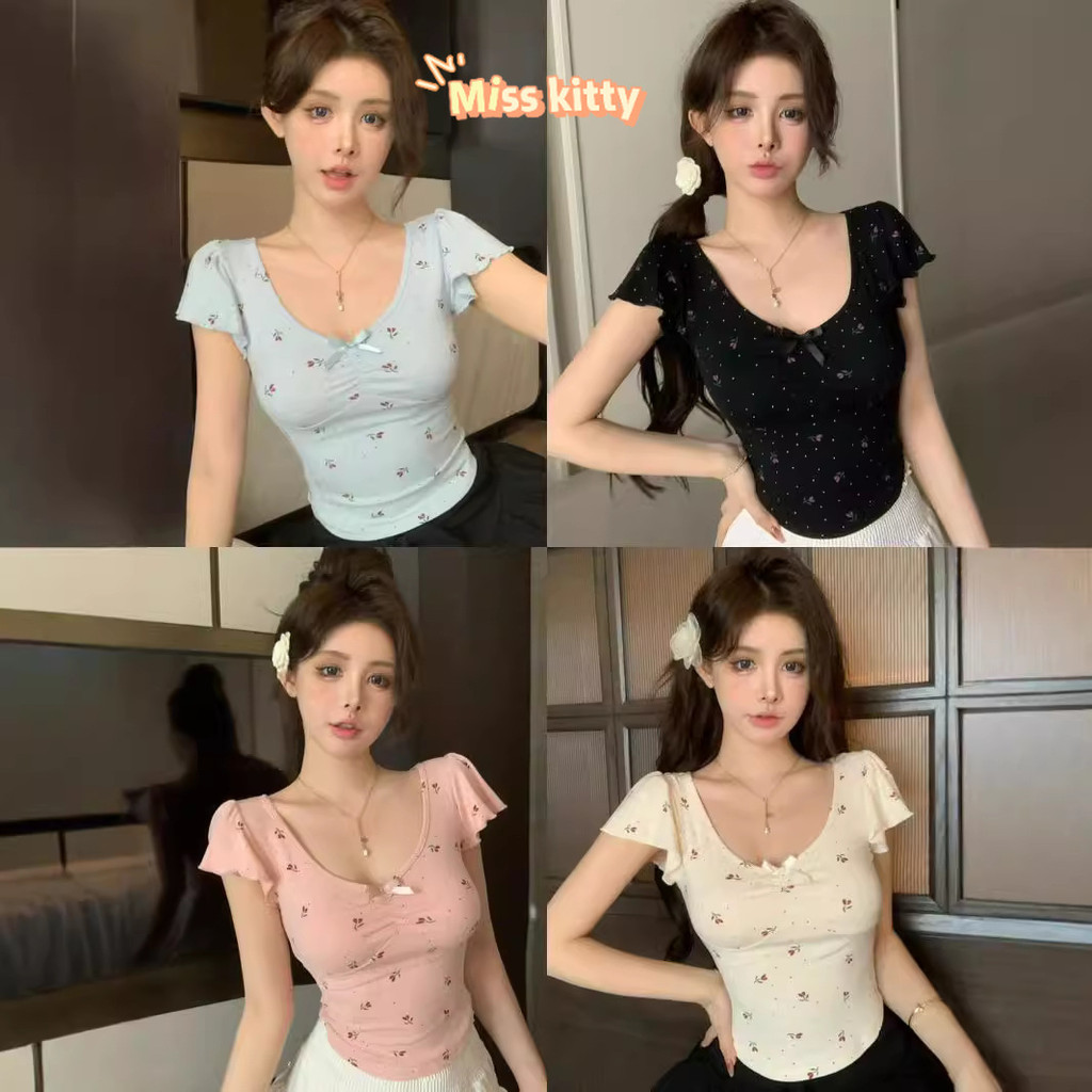Miss Kitty จัดส่งที่รวดเร็ว เสื้อครอปคอกลม แขนสั้น เกาหลีสุดลายดอกไม้ สีพาสเทล *FY5042*