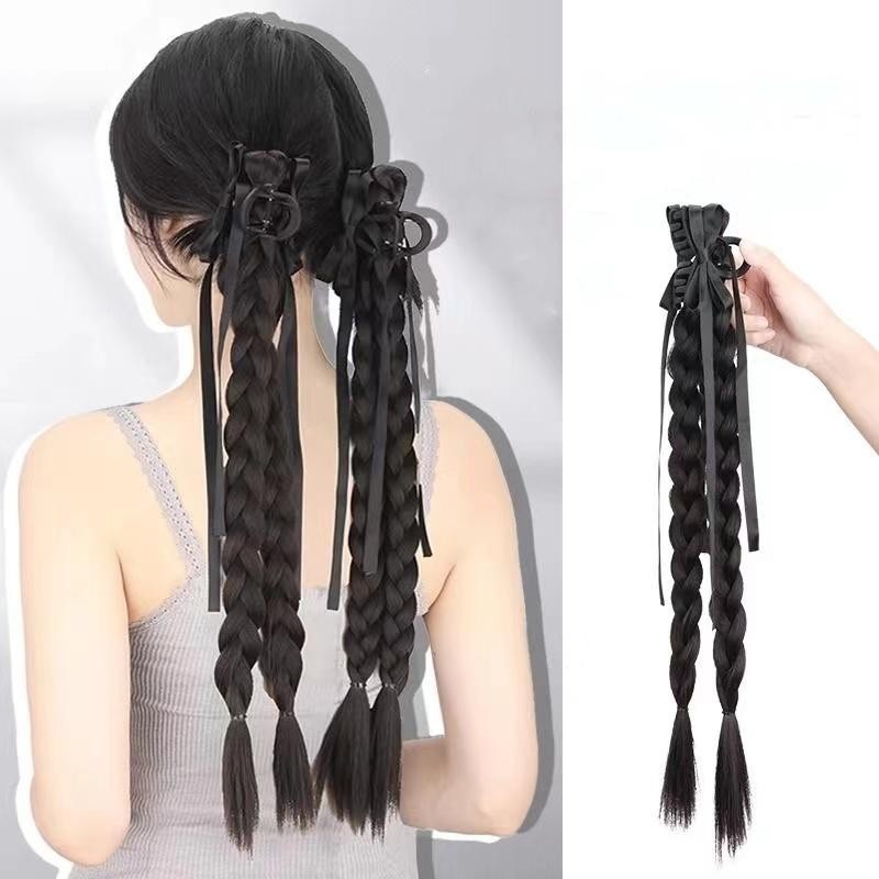 ใส่ในสต็อกผู้หญิงวิกผมกิ๊บสําหรับผู้หญิง37เซนติเมตรหวานบัลเล่ต์สไตล์ทอดแป้งบิดถักเปียวิกผมจําลองโบว์ธรรมชาติริบบิ้นข้ามหางปลาถักเปียวิกผมผู
