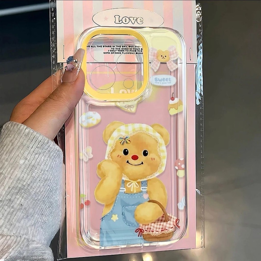 น่ารักครีมหมี iPhone 16/15 เคสโทรศัพท์ซิลิโคนอ่อนนุ่มสําหรับ iPhone 11 12 13 14 Promax X XR 7 8 + การออกแบบกล้องป้องกัน, เปลือกกันน้ํากันกระแทก