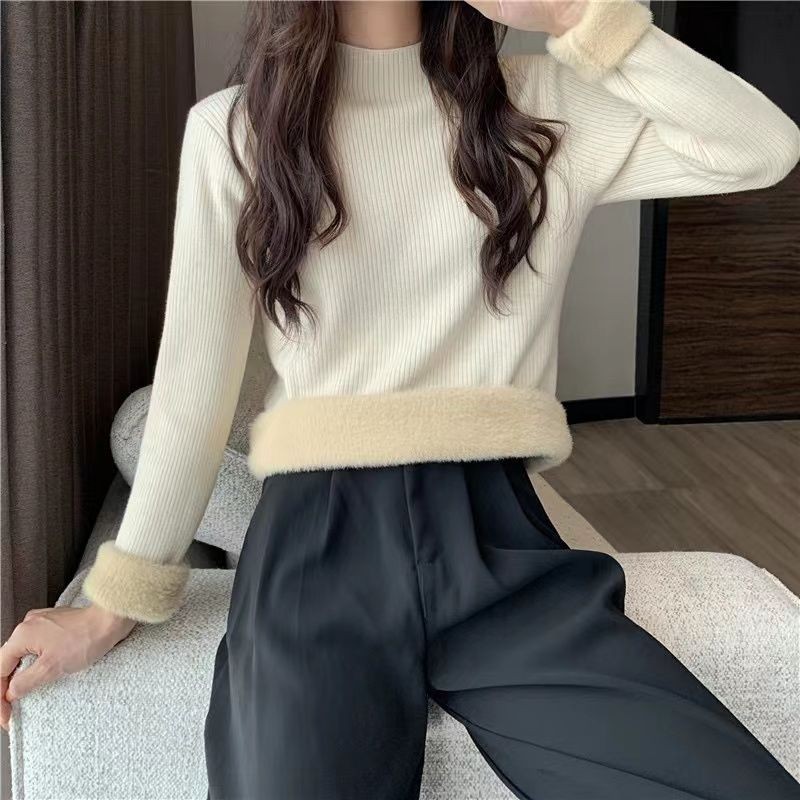 เสื้อสเวตเตอร์ตัวในผ้ากำมะหยี่คอปกสูงหนาหนาพิเศษสำหรับผู้หญิงฤดูใบไม้ร่วงและฤดูหนาวผ้าถักแขนยาวที่นุ่มและเหนียว