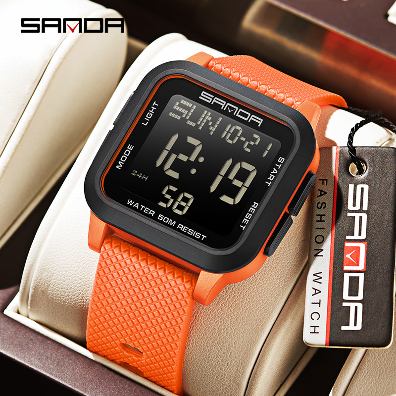 Sanda Square นาฬิกาสีทึบ Retro อินเทรนด์ Night Light กันน้ําอิเล็กทรอนิกส์นาฬิกาผู้ชาย SD2194-11