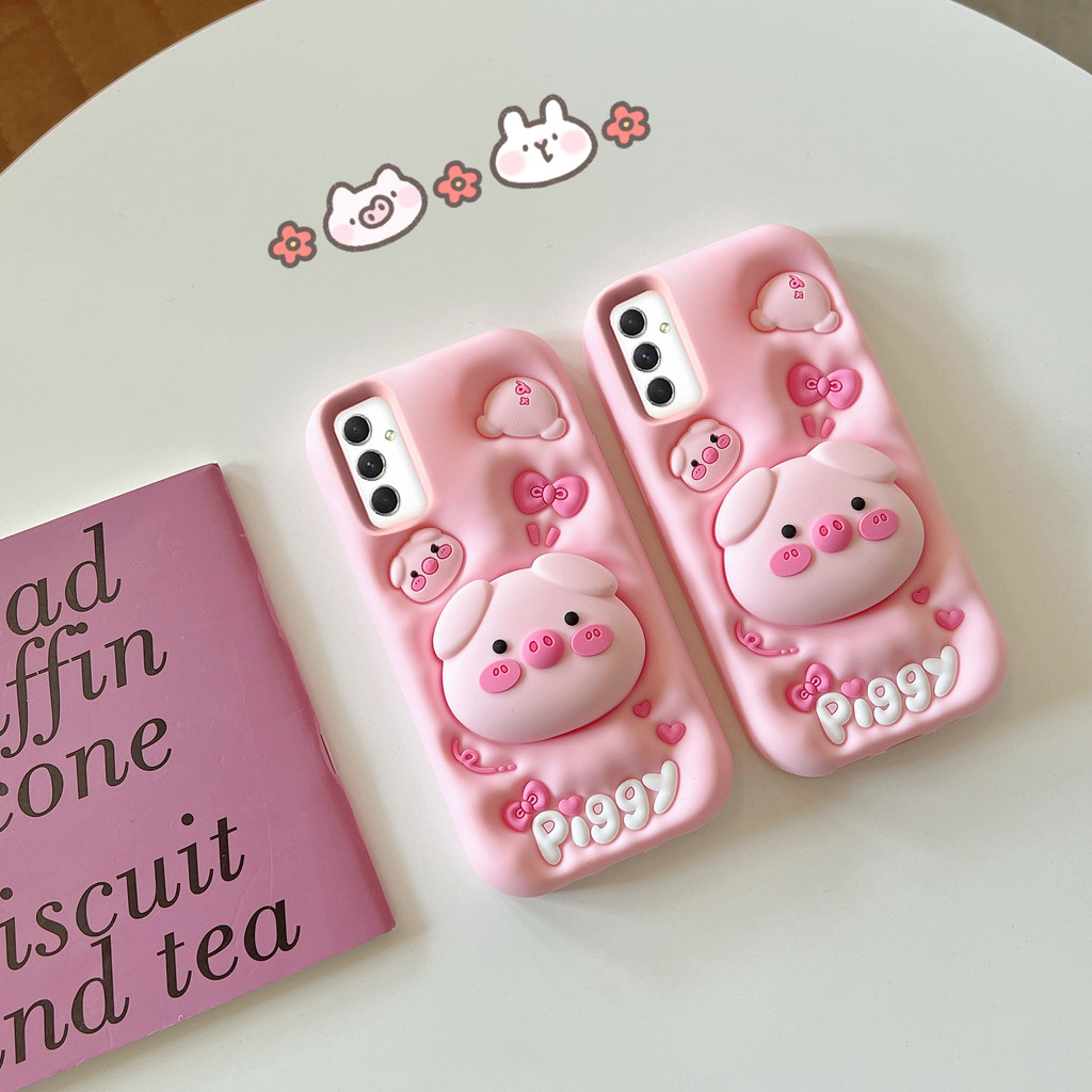 SAMSUNG ขาตั้งน่ารักหัวใหญ่หมูเคสโทรศัพท์สําหรับSamsung Galaxy A55 A54 A53 A51 A50 A30S A35 A32-4G A25 A24 A15 A13 A12 s24 s25ultra S23 S21FEปกหลัง