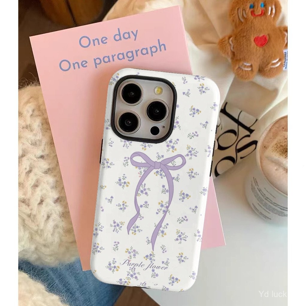 เคสมือถือแอปเปิ้ลลายดอกไม้สีม่วงสดใสพร้อมโบว์สำหรับ iPhone 15 14 PRO MAX 11 12 13 PRO MAX 8PLUS xsmax XR 11PROMAX 15Pro เคสมือถือสองในหนึ่งเดียวเคสแข็ง