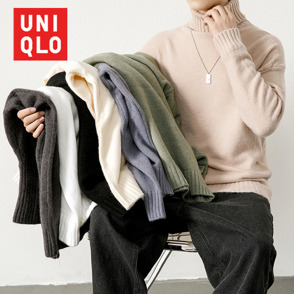 UNIQLO ยูนิโคล่ 2024 ฤดูใบไม้ร่วง/ฤดูหนาวใหม่ผู้ชายถักเสื้อกันหนาวหนาสีทึบคอสูงเสื้อกันหนาว