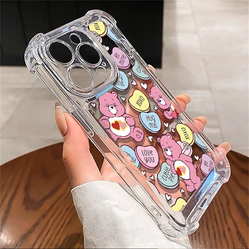 หมีน่ารักกันชนเคสโทรศัพท์สําหรับ IPhone 11 15 16 12 13 Pro XS Max X XR 14 7 8 Plus ปลอกโปร่งใสกันกระแทกฝาครอบเซลล์ Precticer