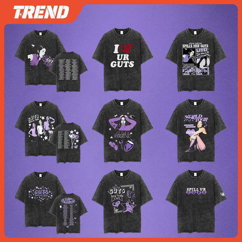 Olivia Rodrigo 2024 GUTS World Tour Merch ล้างผ้าฝ้ายเสื้อยืดสําหรับผู้ชายและผู้หญิง Vintage หลวมพิมพ์แขนสั้นแฟชั่นฤดูร้อน Street เสื้อลําลอง Tee
