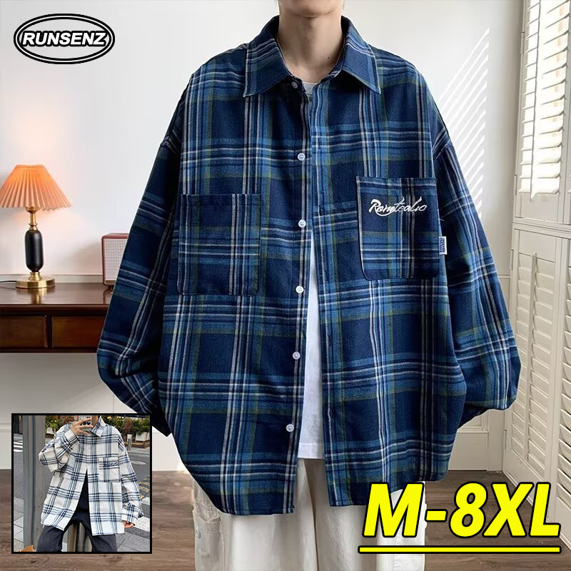 ม-8เอ็กแอล เสื้อเชิ้ตแขนยาวลายสก๊อตสไตล์เกาหลีผู้ชายเสื้อเชิ้ตไซส์ใหญ่ลําลองหลวมด้านบนขนาดใหญ่