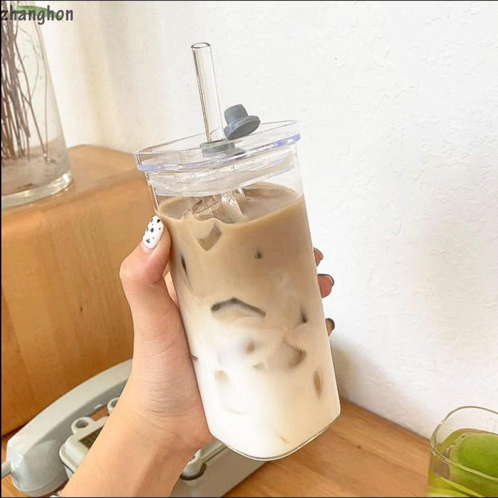 Zhanghong ถ้วยแก้วโปร่งใส, ถ้วยกาแฟสี่เหลี่ยมทนความร้อน, ชานม Ins พร้อมฝาปิดแก้ว Home Bar