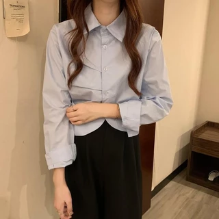 mimi&didi#เสื้อเชิ้ตครอปแขนยาวลายทางลำลองผู้หญิง ชายเสื้อครึ่งวงกลม ดีไซน์จับจีบไม่สม่ำเสมอ น่ารักมากสไตล์#W461