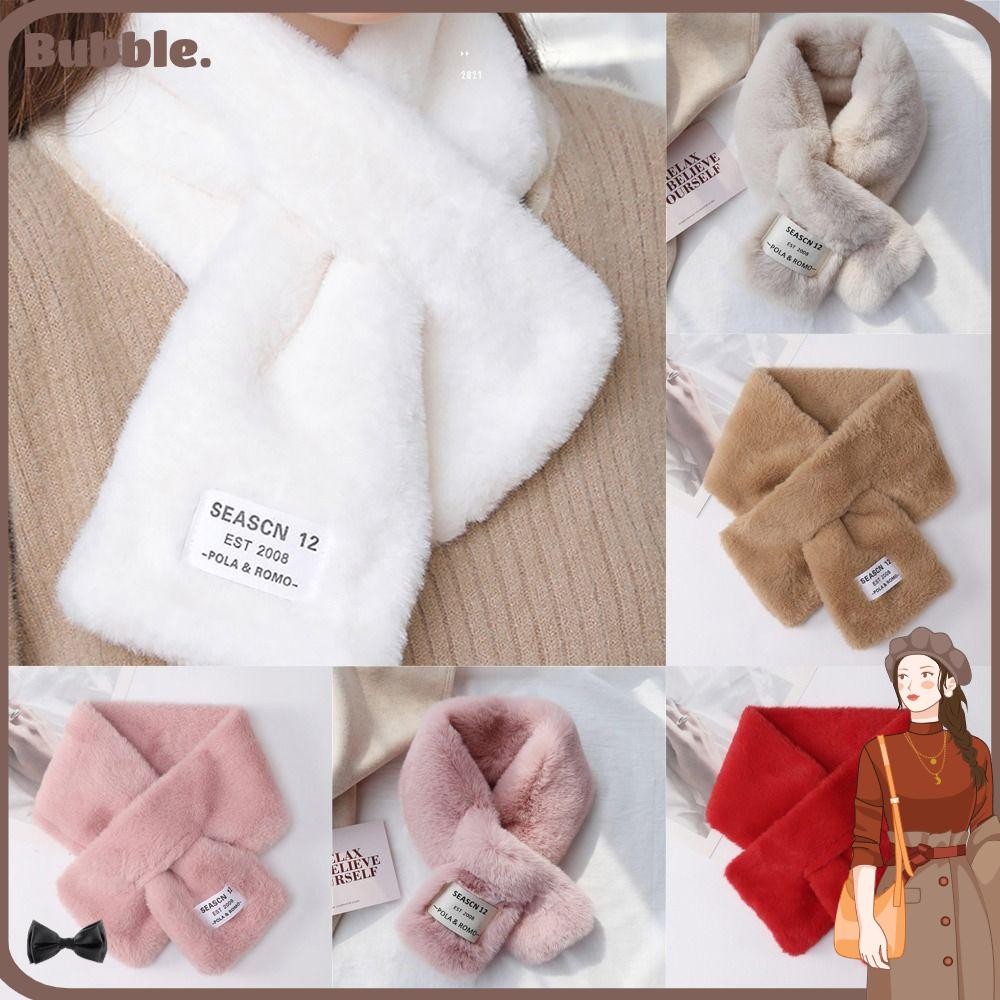 Bubble คอผ้าพันคอ, สีทึบ Thicken Cross ผ้าพันคอ, ฤดูหนาวที่อบอุ่น Faux กระต่ายขนสัตว์ Plush ผ้าคลุมไหล่ผู้หญิง