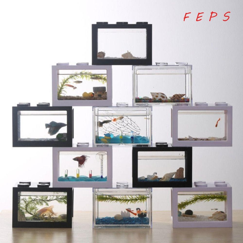 Feps ตู้ปลาปลากัด, พลาสติกหลากสี Building Block Aquarium, Creative Micro-Landscape Turtle Pet Fighting Fish กระบอก Breeding Box Home Office
