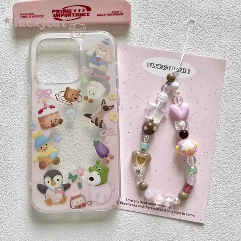 Iphone 16 15 14 13 12 11 Pro Max X Xr Xs Max 7 8 Plus SE2020 เคสโทรศัพท์ Bows น่ารักสวนสัตว์สัตว์รูปแบบ + Lanyard Clear Soft ฝาหลัง