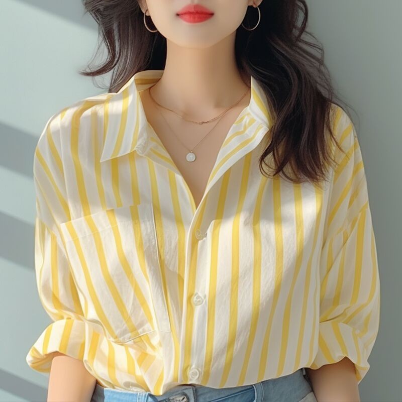 เสื้อเชิ้ตลายทางสีขาวสีเหลือง เสื้อเชิ้ตผู้หญิง