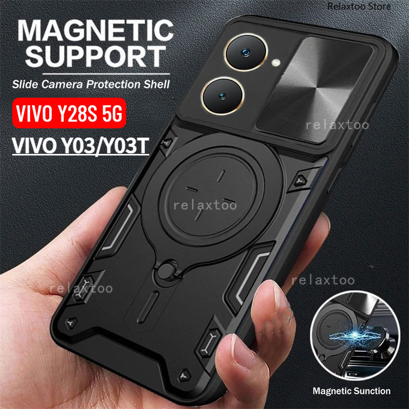 ปลอกกันกระแทกสําหรับvivo Y28S Y18 Y03T Y28 Y03 TS Y03A Y03S VIVOY28S VivoY03T 4G 5Gโลหะผู้ถือแหวนแม่เหล็กสไลด์PUSHเลนส์กล้องHardเคสโทรศัพท์ปกป้องฝาหลังปลอก
