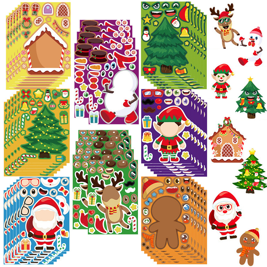 คริสต์มาส Santa Snowman สติกเกอร์ปริศนาเกม Make a Face เด็ก DIY ประกอบจิ๊กซอว์ของเล่นเด็กของขวัญ Party ตกแต่ง