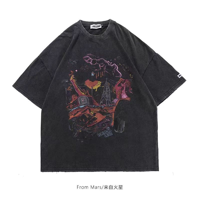 （จัดส่งตลอด 24 ชั่วโมง）เสื้อยืดฟอก oversize ผ้าฝ้าย 100% โอเวอร์ไซซ์ สีดําเข้ม สไตล์ฮิปฮอป เรโทร สําหรับผู้หญิง