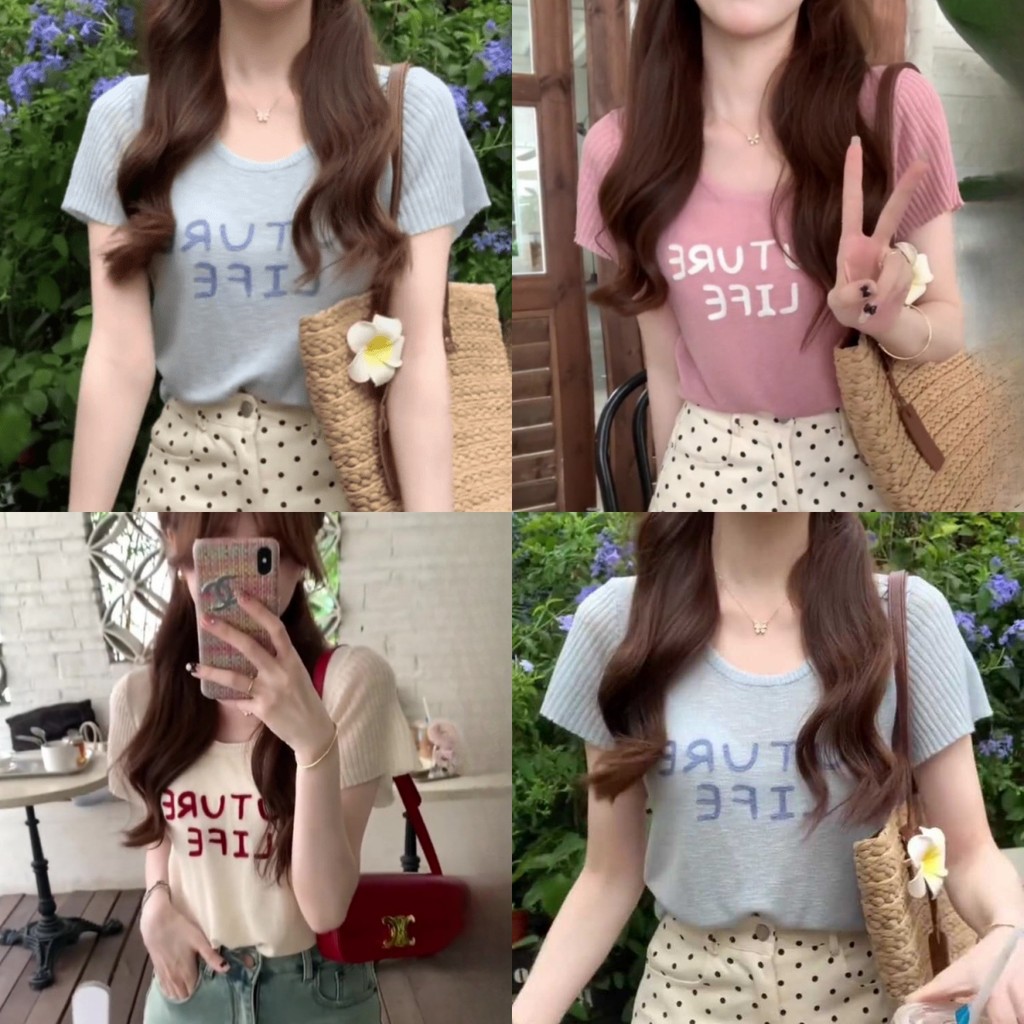 Anne เสื้อยืดผู้หญิง คอกลม แขนสั้น ทรงหลวม ผ้าถัก ลายตัวอักษร ผ้านุ่มนิ่ม เสื้อครอป สไตล์เกาหลี ใส่สบาย #08056