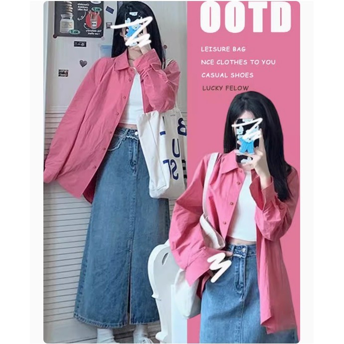 PKB058🔥ถูกที่สุด🔥เสื้เชิ้ตสีชมพูเข้ม ฟรีไซส์ อก46 แขนยาวคอปกเนื้อผ้านิ่มใส่สบาย เรียบๆ ใส่ได้ทุกวัน 