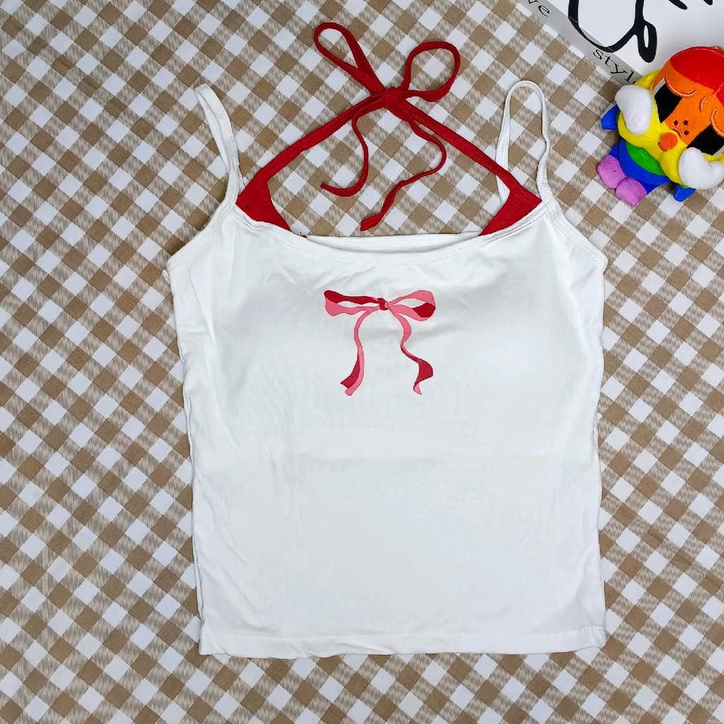 เสื้อสายเดี่ยว สกรีนลายโบว์ มีสายผูกคล้องคอ