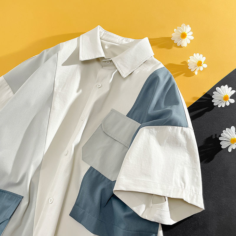 เสื้อเชิ้ตแขนสั้นผู้ชายสไตล์ฮ่องกงชนกลุ่มน้อยแฟชั่นเย็บลำลอง PU Shuai Workwear เสื้อ