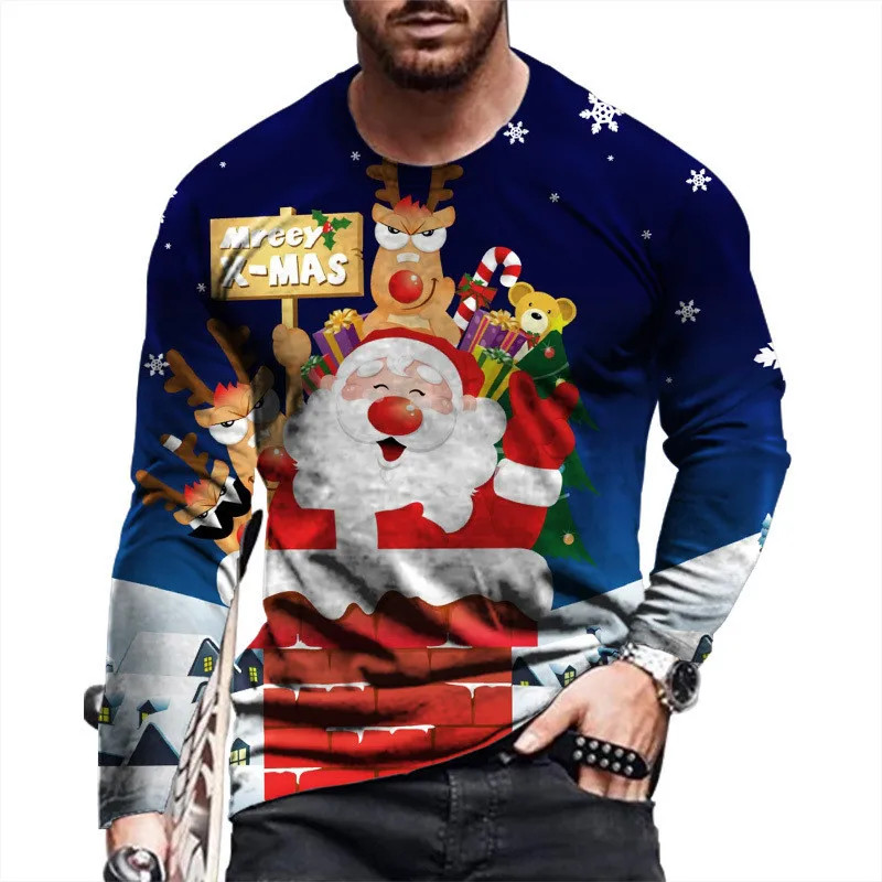 3d Santa Claus พิมพ์ T เสื้อผู้ชาย Casual O-คอแขนยาวเสื้อยืดคริสต์มาส Harajuku Streetwear แฟชั่น Xmas Top