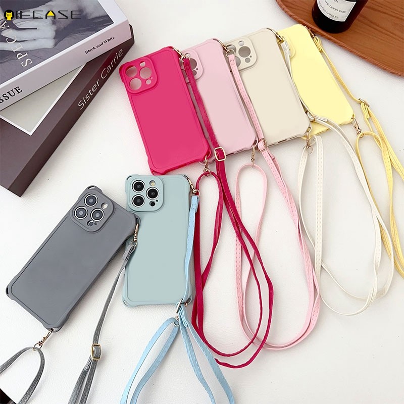 สําหรับ Vivo V40 V30 V29 Lite V27 V25 Pro V23 5G เคสโทรศัพท์ 4 สี่มุมหนัง Lanyard สายคล้อง Solid สีลูกกวาด Matte Frosted ง่ายซิลิโคนอ่อนนุ่มกรณีกรณีปกหลัง