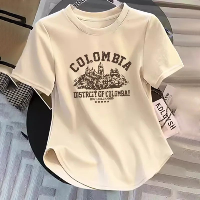 [HY] S-2xl ผู้หญิงเกลียวของแท้ไหล่ขนาดใหญ่เสื้อยืดแขนสั้น Slim-Fit ไม่สม่ําเสมอรอบคอ Bottoming เสื้อรอบ Arc Hem Slimmer ดูด้านบน