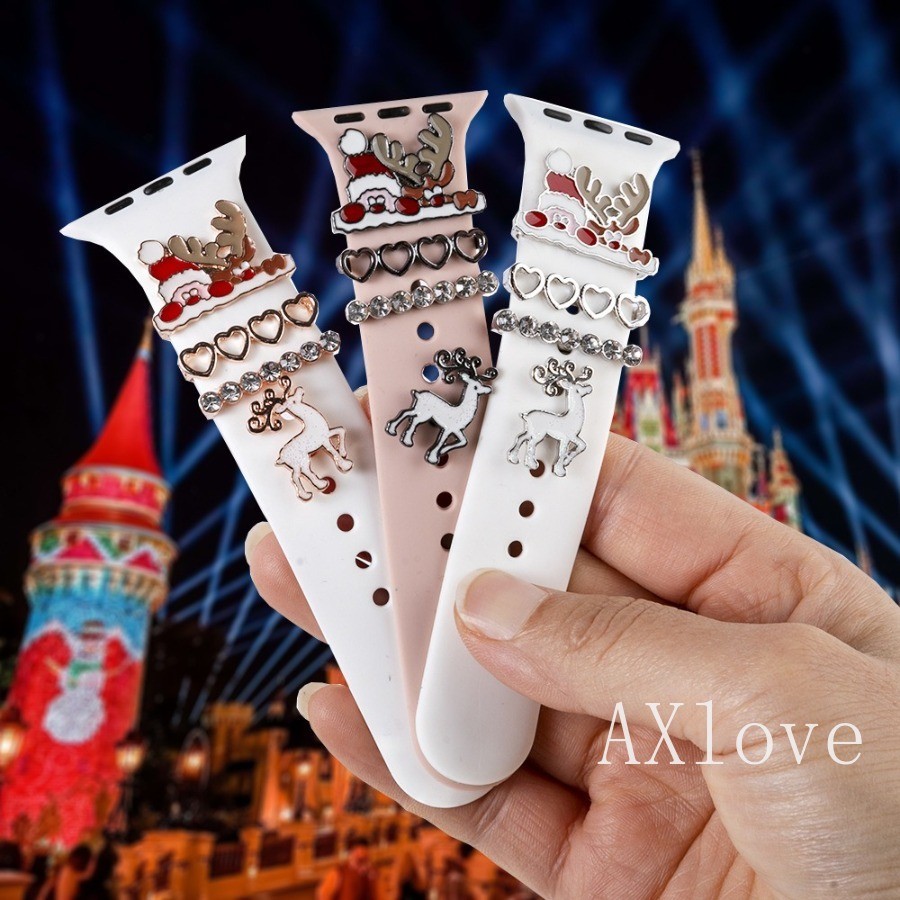 คริสต์มาส Elk ตกแต่งสําหรับ Apple Watch Series 46 มม.10 9 Ultra 2 9 8 7 Se เครื่องประดับเพชร Charms สายรัดซิลิโคนอุปกรณ์เสริมสายนาฬิกาสร้อยข้อมือ
