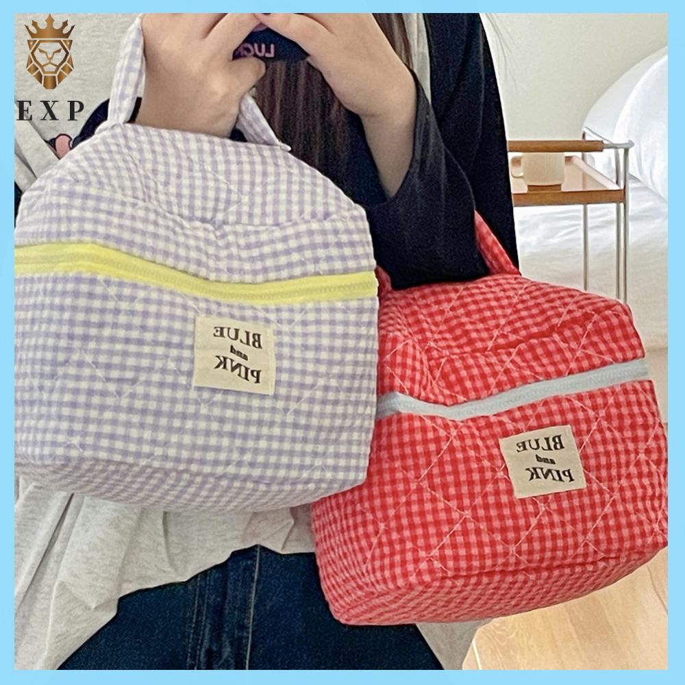 [explosion1.th] Women Checkered Makeup Bag Large Capacity Cotton Soft Fabric Travel Toiletry Bag