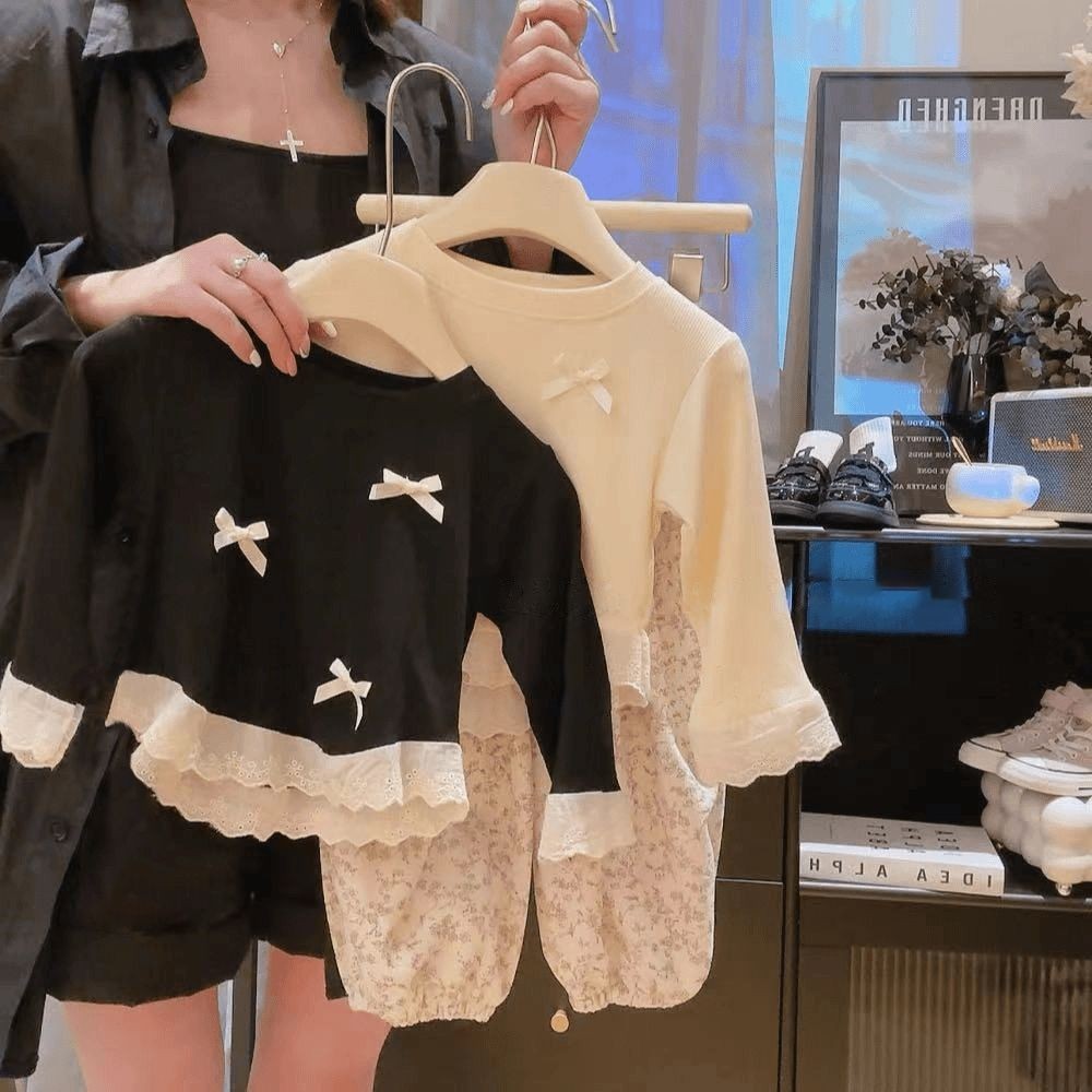 [เฮ้] 80-150 สาวโบว์ลูกไม้เสื้อยืดเด็กฤดูใบไม้ร่วงท็อปส์เด็กเวอร์ชั่นเกาหลีแขนยาวเสื้อ จุดต่ําสุด