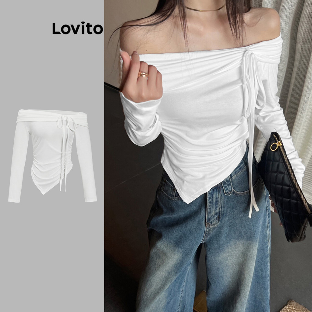 Lovito เสื้อยืดเชิ้ตธรรมดาเรียบหรูสำหรับผู้หญิง L105MD437