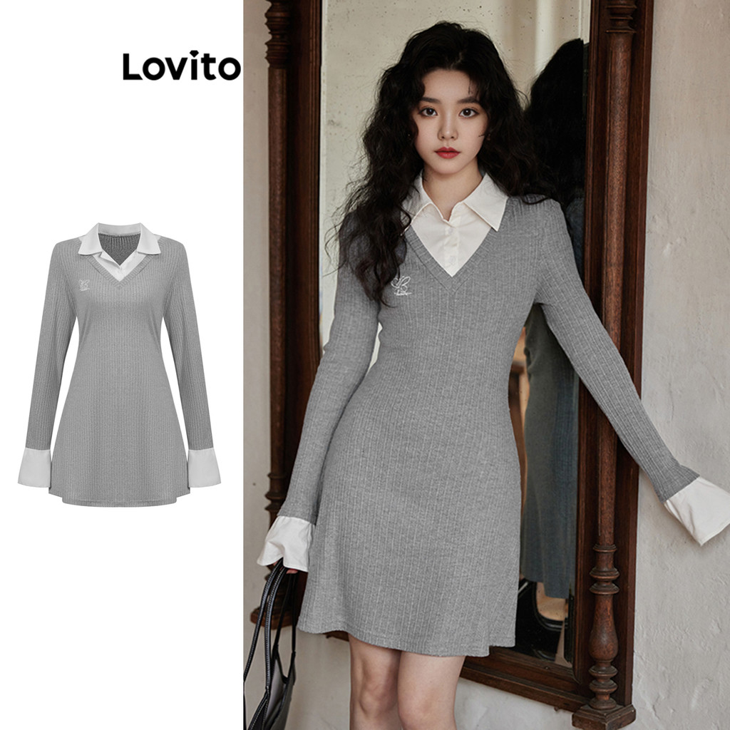 Lovito ปุ่มเย็บปักถักร้อยธรรมดา 2In1 ชุดสำหรับผู้หญิง L106AD263