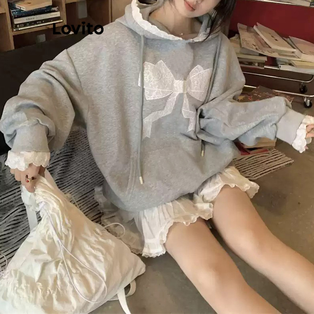 Lovito เสื้อสเวตเตอร์คอระบายโบว์ธรรมดาสบาย ๆ สำหรับผู้หญิง L102AD235