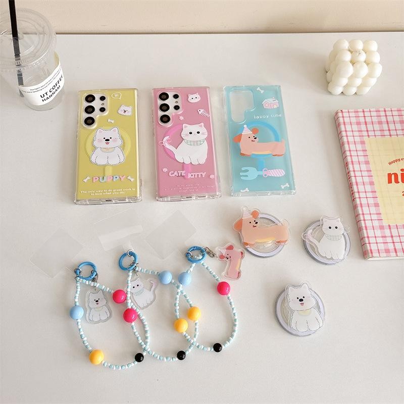 for s24 ultra case เกาหลี s23 ultra casing เปลือกดูดแม่เหล็ก s22 ultra case น่ารัก โทรศัพท์ปลอกครอบคลุมกรณี Galaxy S23/S24โทรศัพท์กรณีแม่เหล็กยึดการ์ตูนสุนัขสำหรับซัมซุง s24ultra23plus หญิง