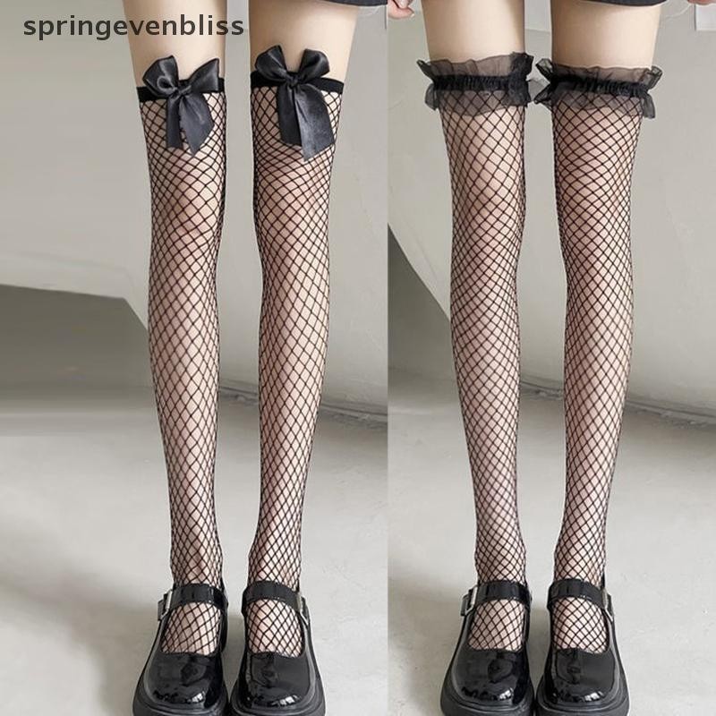 Springevenbliss 1 คู่สีดําสีขาวเซ็กซี่กว่าเข่าถุงเท้ายาวผู้หญิงสาวหวาน Bowknot ต้นขาสูง Fishnet ถุงน่อง Legging Springevenbliss