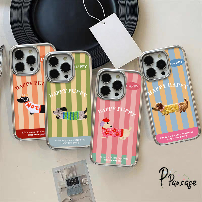การ์ตูนแฟชั่น Dachshund เข้ากันได้เคสไอโฟน 16 11 XR 13 15 14 12 Pro Max 7 15 14 8 Plus XS X Max SE 2020 น่ารักลายทางเคส