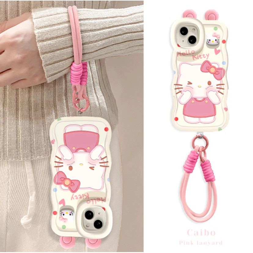 สไตล์ใหม่ 12 หูสามมิติ 13 ตุ๊กตา 11 Hello Kitty วงเล็บคู่ 14 เชือกเส้นเล็ก xs เหมาะสําหรับ Apple 16promax เคสโทรศัพท์ xr การ์ตูนน่ารัก iPhone15 กันกระแทกเคส